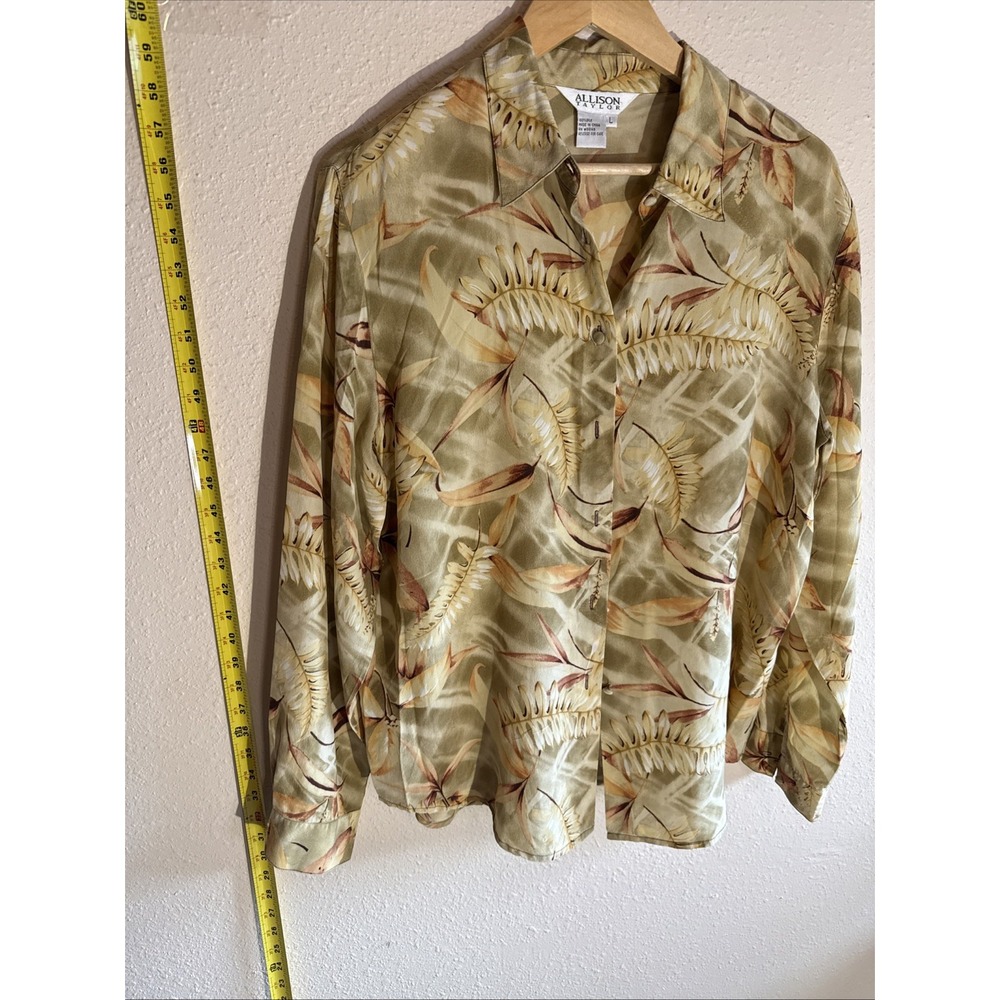 Vintage Allison Taylor Womens L 100% Silk LS Button Up Lightweight Shoulder Pads